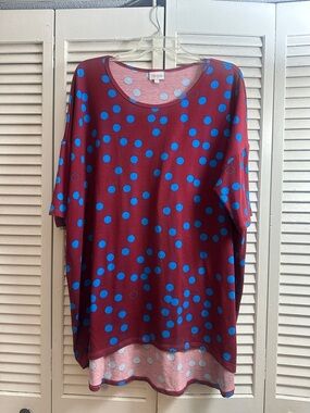 LuLaRoe Burgundy Short Sleeve Tee with Bright Blue Polka Dots